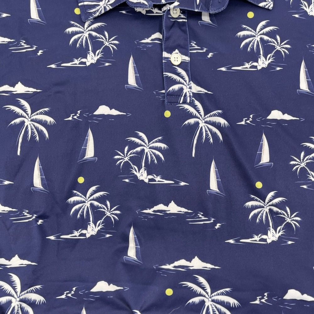 Kaipar Mens 3XL Navy Blue Tropical Palm Tree Sailboat Short Sleeve Polo Shirt - Picture 3 of 5